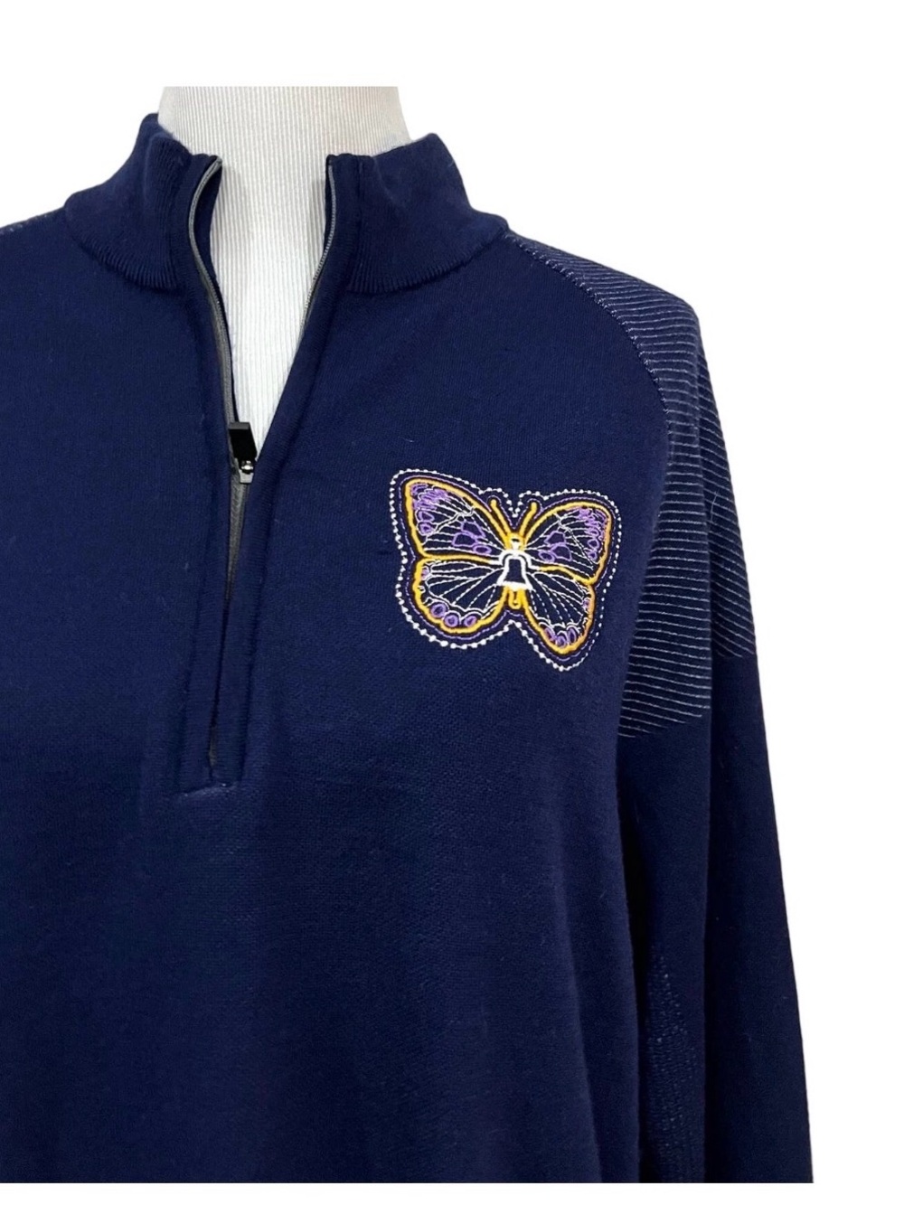 KJUS Women’s Quarter Zip Golf Sweater Navy Butterfly Embroidered Luxury Knit XL